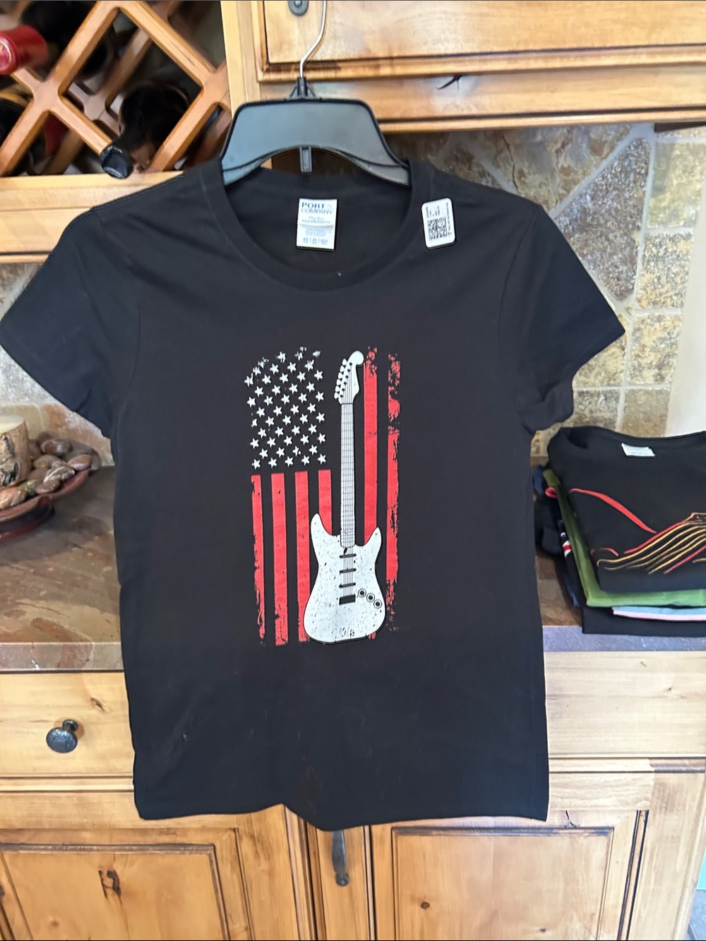 Port and Company Black Tee with White Guitar and Red USA Flag